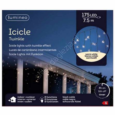 Lampki 175 LED białe ciepłe sople 7,5m sterownik