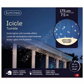 Lampki 175 LED białe ciepłe sople 7,5m sterownik