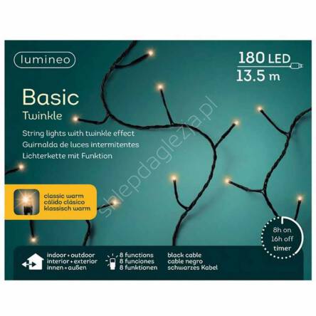 Lampki 180 LED białe ciepłe 13,5m sterownik